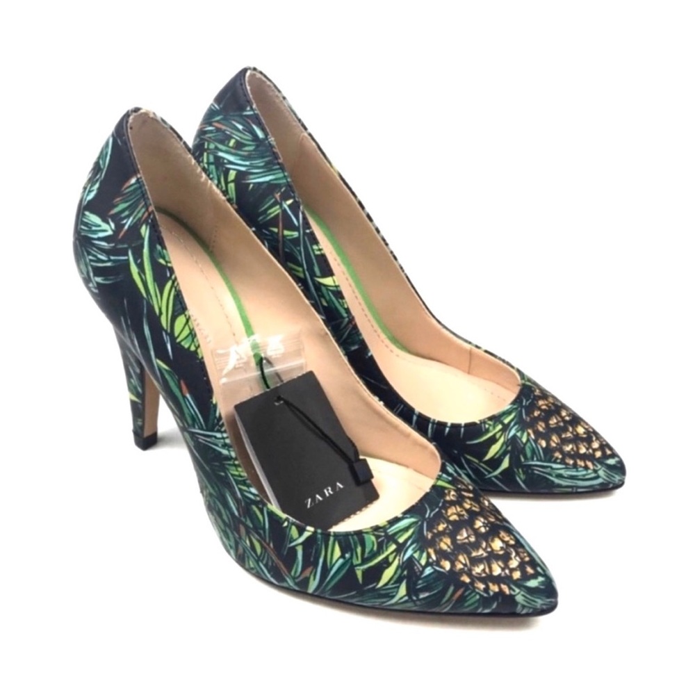 NWT Zara Tropical Leaf Pinapple Leather Heels